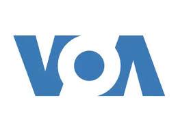 Blue and white script logo of VOA news